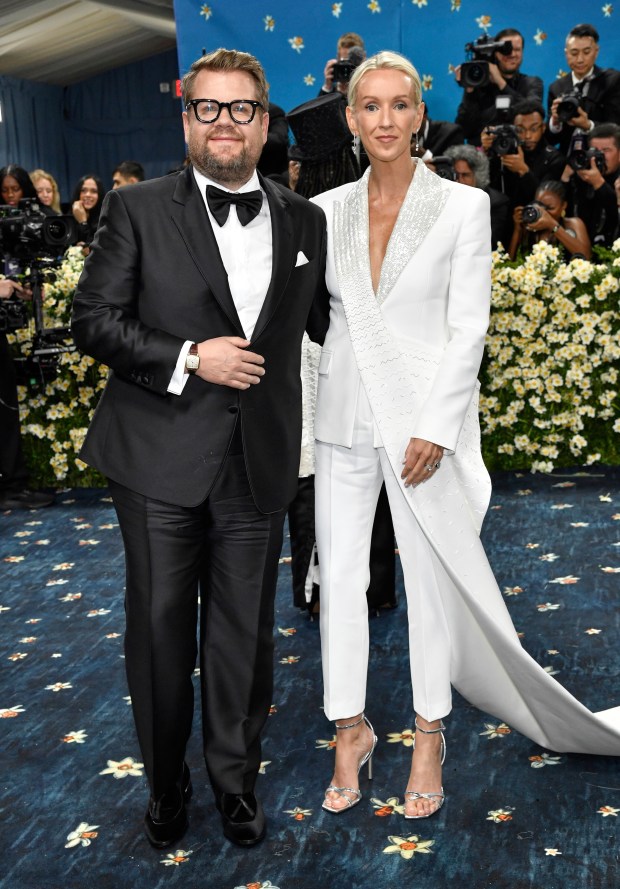 James Corden, left, and Julia Carey attend The Metropolitan Museum of Art's Costume Institute benefit gala celebrating the opening of the "Superfine: Tailoring Black Style" exhibition on Monday, May 5, 2025, in New York. (Photo by Evan Agostini/Invision/AP)