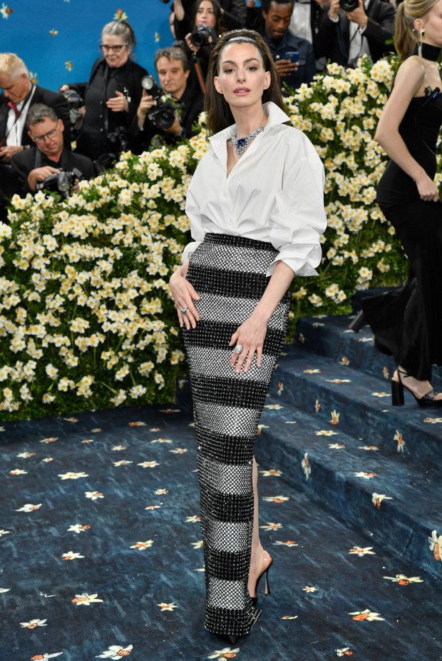 Anne Hathaway attends The Metropolitan Museum of Art's Costume Institute benefit gala celebrating the opening of the "Superfine: Tailoring Black Style" exhibition on Monday, May 5, 2025, in New York. (Photo by Evan Agostini/Invision/AP)