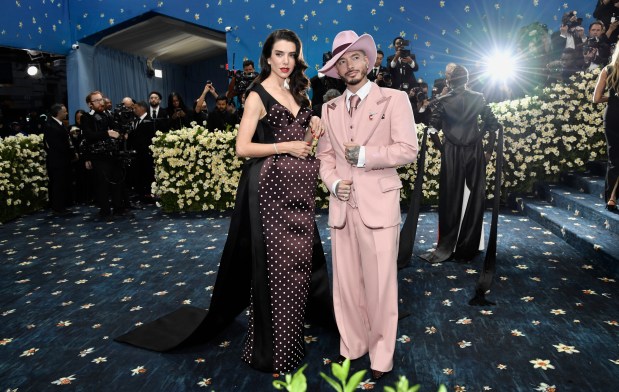 Valentina Ferrer, left, and J Balvin attend The Metropolitan Museum of Art's Costume Institute benefit gala celebrating the opening of the "Superfine: Tailoring Black Style" exhibition on Monday, May 5, 2025, in New York. (Photo by Evan Agostini/Invision/AP)
