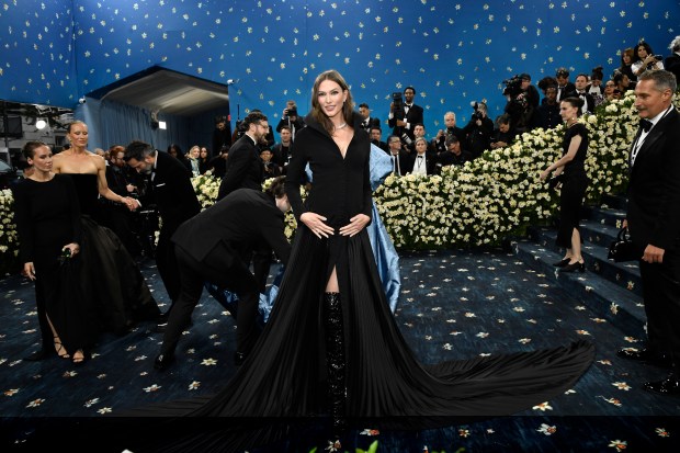 Karlie Kloss attends The Metropolitan Museum of Art's Costume Institute benefit gala celebrating the opening of the "Superfine: Tailoring Black Style" exhibition on Monday, May 5, 2025, in New York. (Photo by Evan Agostini/Invision/AP)