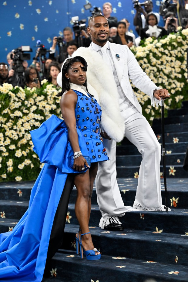 Simone Biles, left, and Jonathan Owens attend The Metropolitan Museum of Art's Costume Institute benefit gala celebrating the opening of the "Superfine: Tailoring Black Style" exhibition on Monday, May 5, 2025, in New York. (Photo by Evan Agostini/Invision/AP)