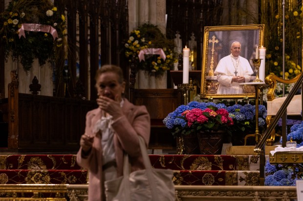 Mourners gather at St. Patrick's Cathedral to pay respects to Pope Francis on April 21, 2025 in New York City. The Vatican announced that Pope Francis, 88, died on Monday a day after he appeared in St Peter's Square on Easter Sunday, greeting thousands of worshippers. (Alex Kent/Getty)