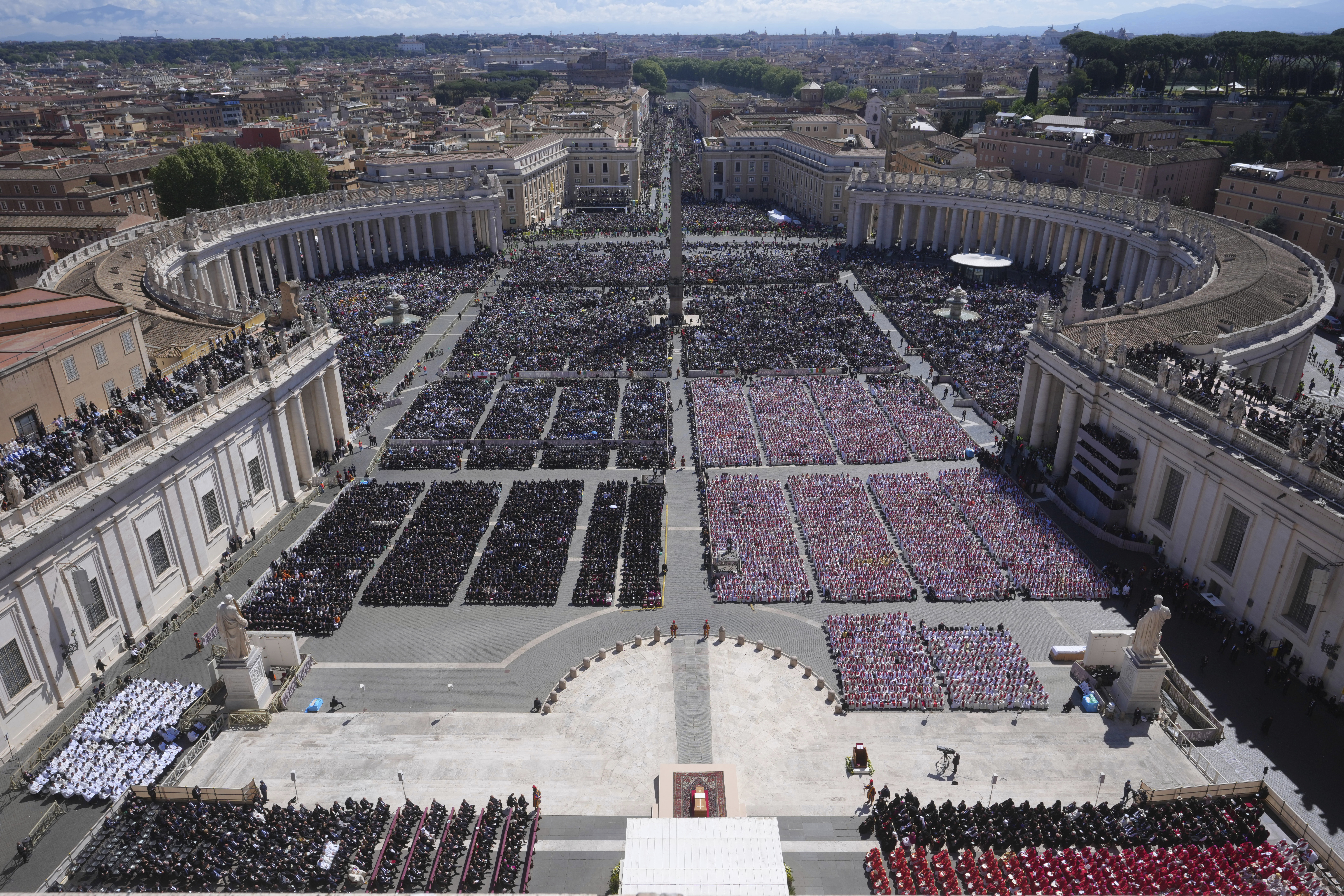 A view of the funeral of Pope Francis in St. Peter's Square at the Vatican, Saturday, April 26, 2025. (AP Photo/Alessandra Tarantino)