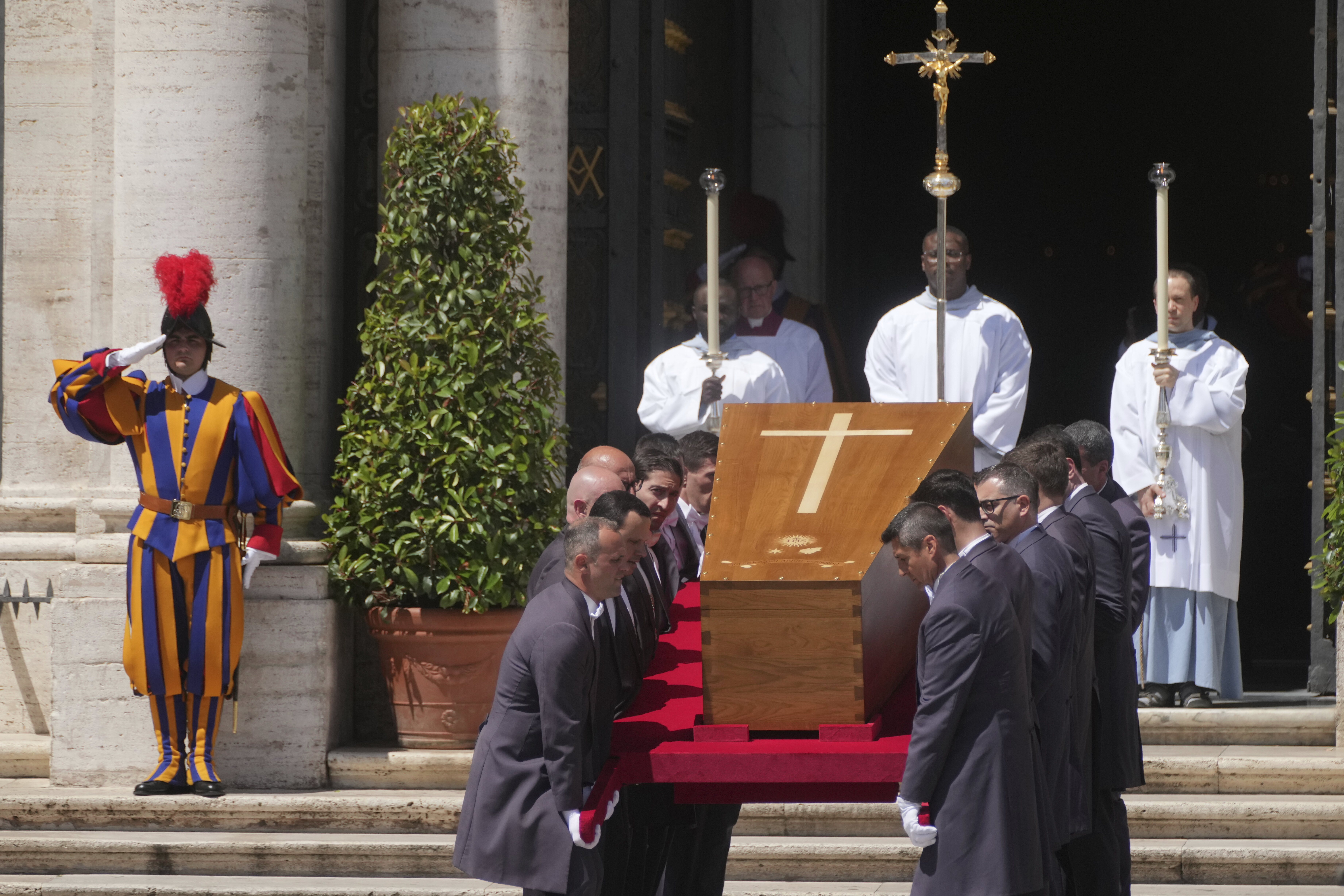 The coffin of Pope Francis arrives at St. Mary Major Basilica in Rome Saturday, April 26, 2025. (AP Photo/Francisco Seco)