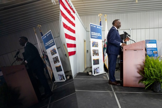 Mayor Brandon Johnson speaks before a ribbon cutting at the Double Black Diamond solar farm that supplies clean energy to Chicago on April 30, 2025, in Auburn, Illinois. (Brian Cassella/Chicago Tribune)