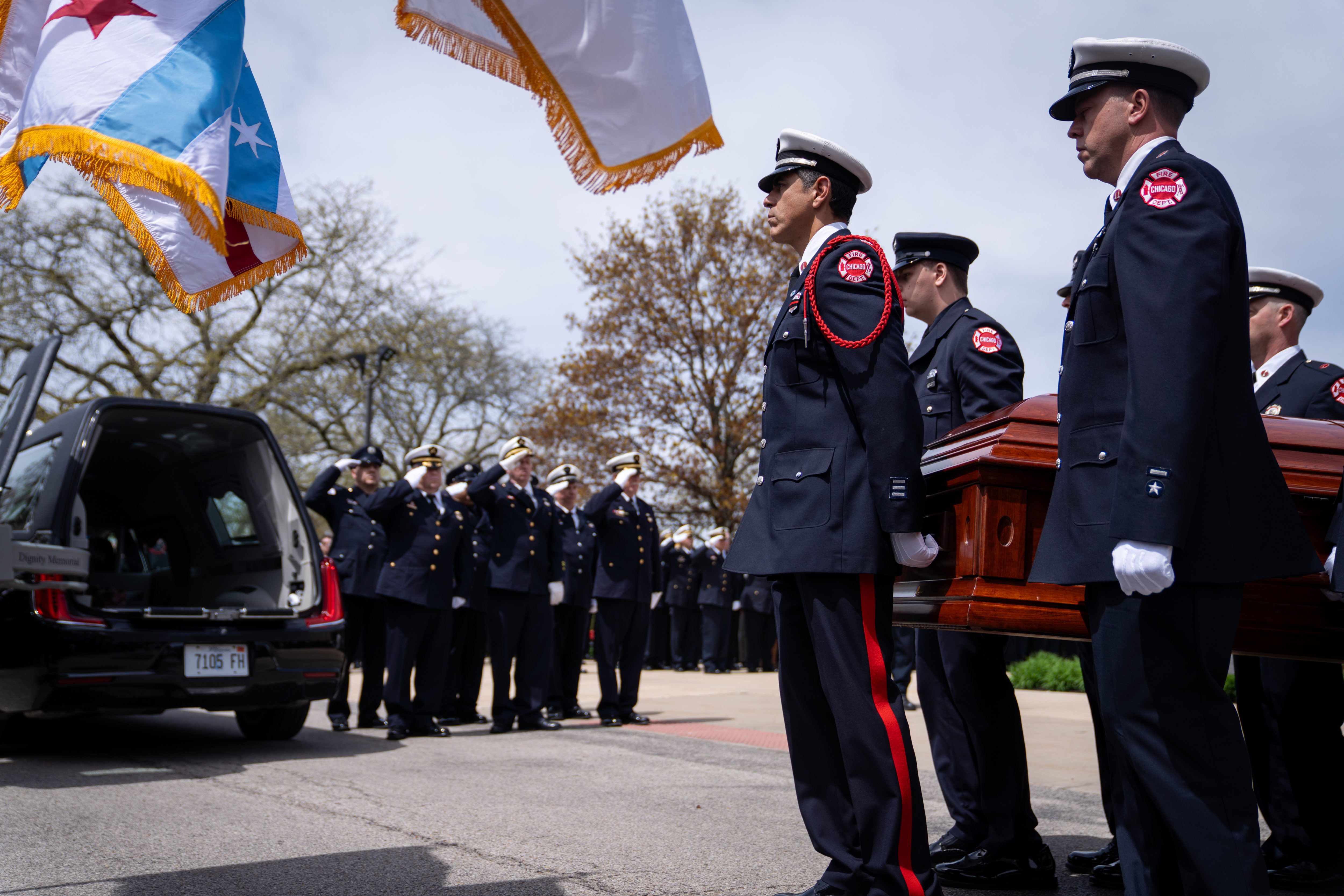 The casket of Capt. David Meyer is placed in the hearse during his funeral service on April 29, 2025, at St. John Brebeuf Church in Niles. (Audrey Richardson/Chicago Tribune)