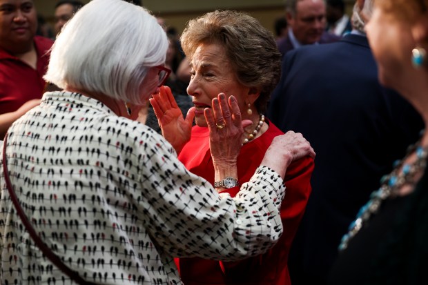 U.S. Rep. Jan Schakowsky, right, reacts with Jackie Kendall, friends of over 50 years, at the Sheraton Grand Chicago Riverwalk on May 5, 2025, after she announced she will not run for re-election next year. (Eileen T. Meslar/Chicago Tribune)