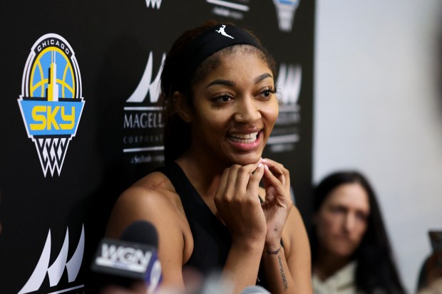 Sky forward Angel Reese answers media questions after the first day of training camp Sunday, April 27, 2025, at Sachs Recreation Center in Deerfield. (Eileen T. Meslar/Chicago Tribune)
