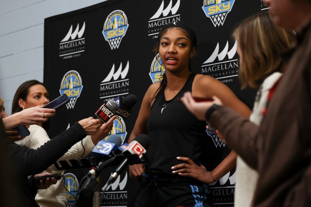 Sky forward Angel Reese answers media questions after the first day of training camp Sunday, April 27, 2025, at Sachs Recreation Center in Deerfield. (Eileen T. Meslar/Chicago Tribune)