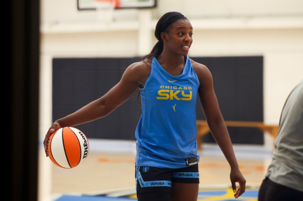 Sky forward Michaela Onyenwere stands on the court at the end of the first day of training camp Sunday, April 27, 2025, at Sachs Recreation Center in Deerfield. (Eileen T. Meslar/Chicago Tribune))