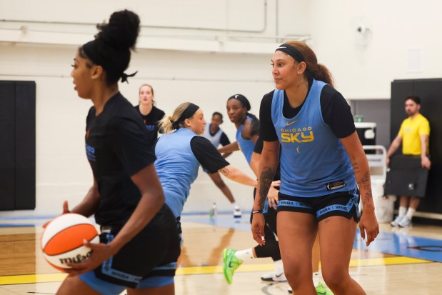 Sky center Kamilla Cardoso practices during the first day of training camp Sunday, April 27, 2025, at Sachs Recreation Center in Deerfield. (Eileen T. Meslar/Chicago Tribune)