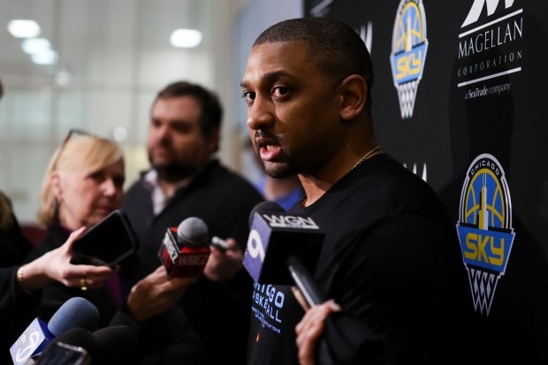 Sky coach Tyler Marsh answers media questions after the first day of training camp Sunday, April 27, 2025, at Sachs Recreation Center in Deerfield. (Eileen T. Meslar/Chicago Tribune)