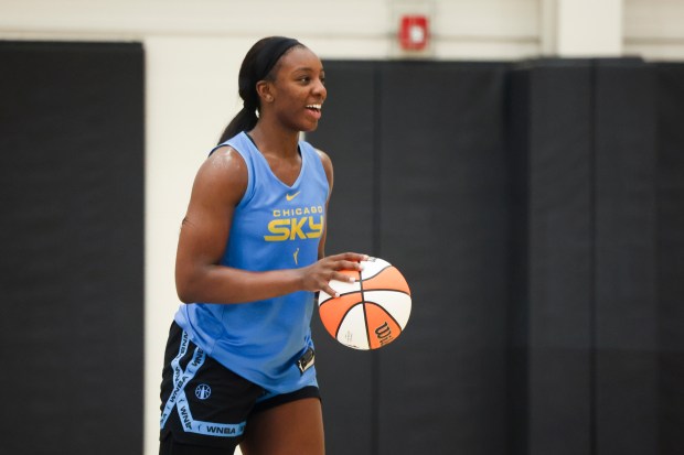 Sky forward Michaela Onyenwere practices during the first day of training camp Sunday, April 27, 2025, at Sachs Recreation Center in Deerfield. (Eileen T. Meslar/Chicago Tribune)