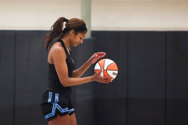 Sky forward Angel Reese takes shots at the end of the first day of training camp Sunday, April 27, 2025, at Sachs Recreation Center in Deerfield. (Eileen T. Meslar/Chicago Tribune)