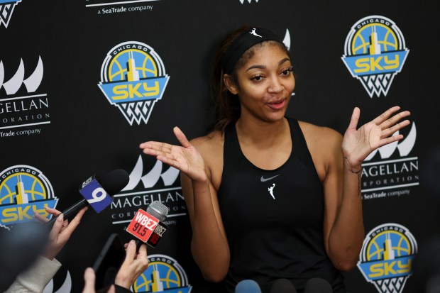 Sky forward Angel Reese answers media questions after the first day of training camp Sunday, April 27, 2025, at Sachs Recreation Center in Deerfield. (Eileen T. Meslar/Chicago Tribune)