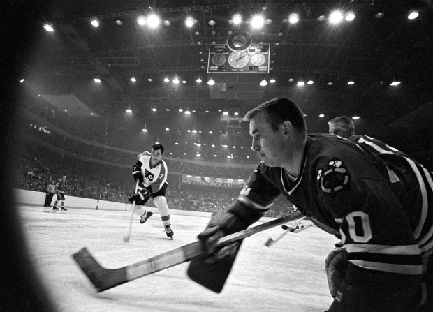 Hawks goalie Jack Norris defends the net during a game against the Philadelphia Flyers at the Chicago Stadium on March 16, 1969. (Steve Lasker/Chicago Tribune)