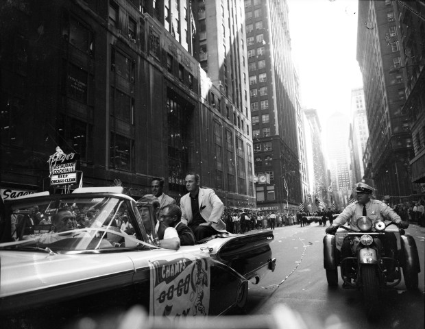 Luis Aparicio, left in car, and Nellie Fox en route to City Hall down LaSalle Street during the White Sox victory parade on Sept. 24, 1959, after the team won the American League pennant. (Steve Lasker/Chicago Tribune)
