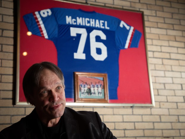 Steve "Mongo" McMichael at his Mongo McMichaels restaurant in Romeoville on April 25, 2019. (Zbigniew Bzdak/Chicago Tribune)