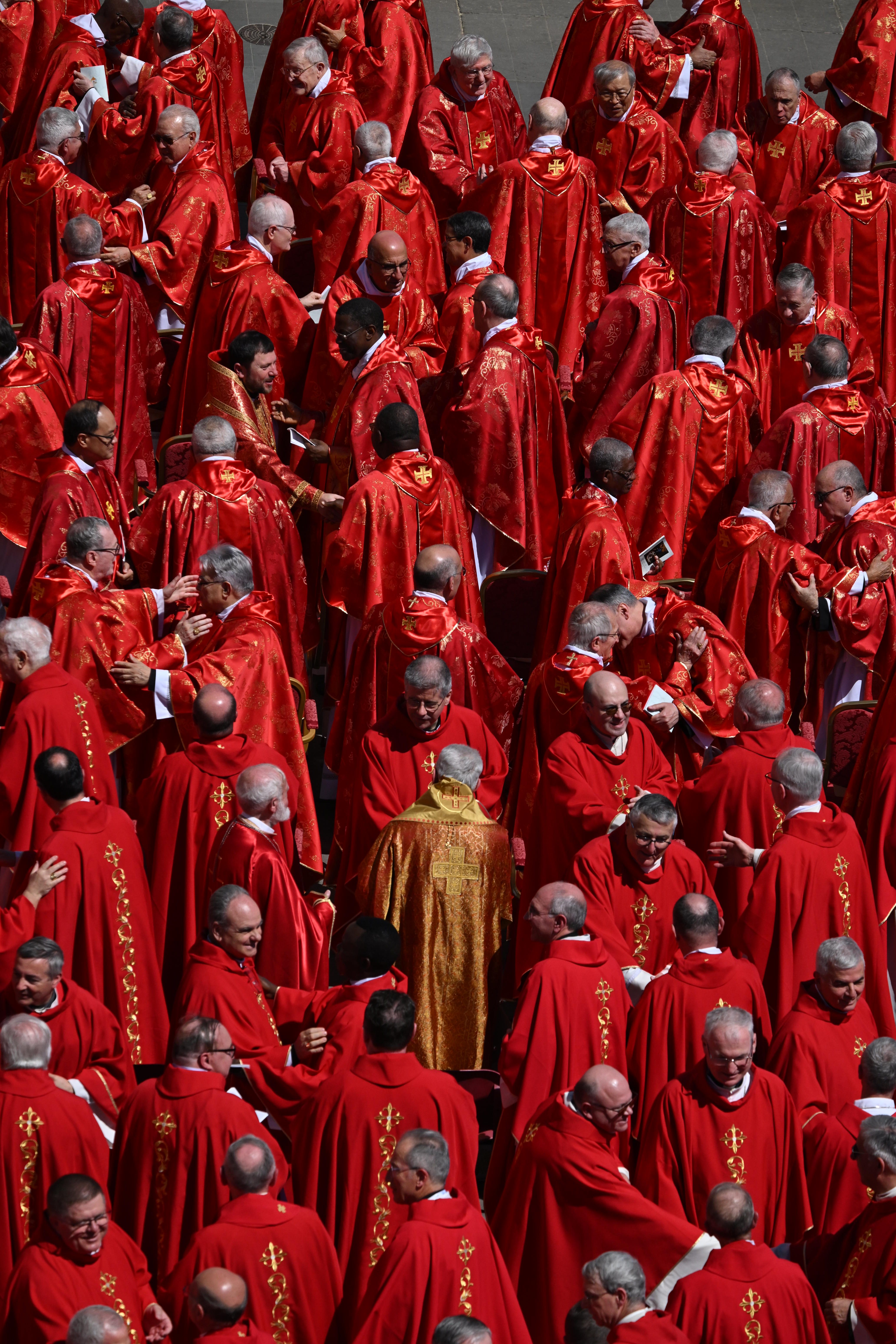 Cardinals gather at St. PeterÕs Square in Vatican City for the funeral of Pope Francis, on Saturday, April 26, 2025. (James Hill/The New York Times)