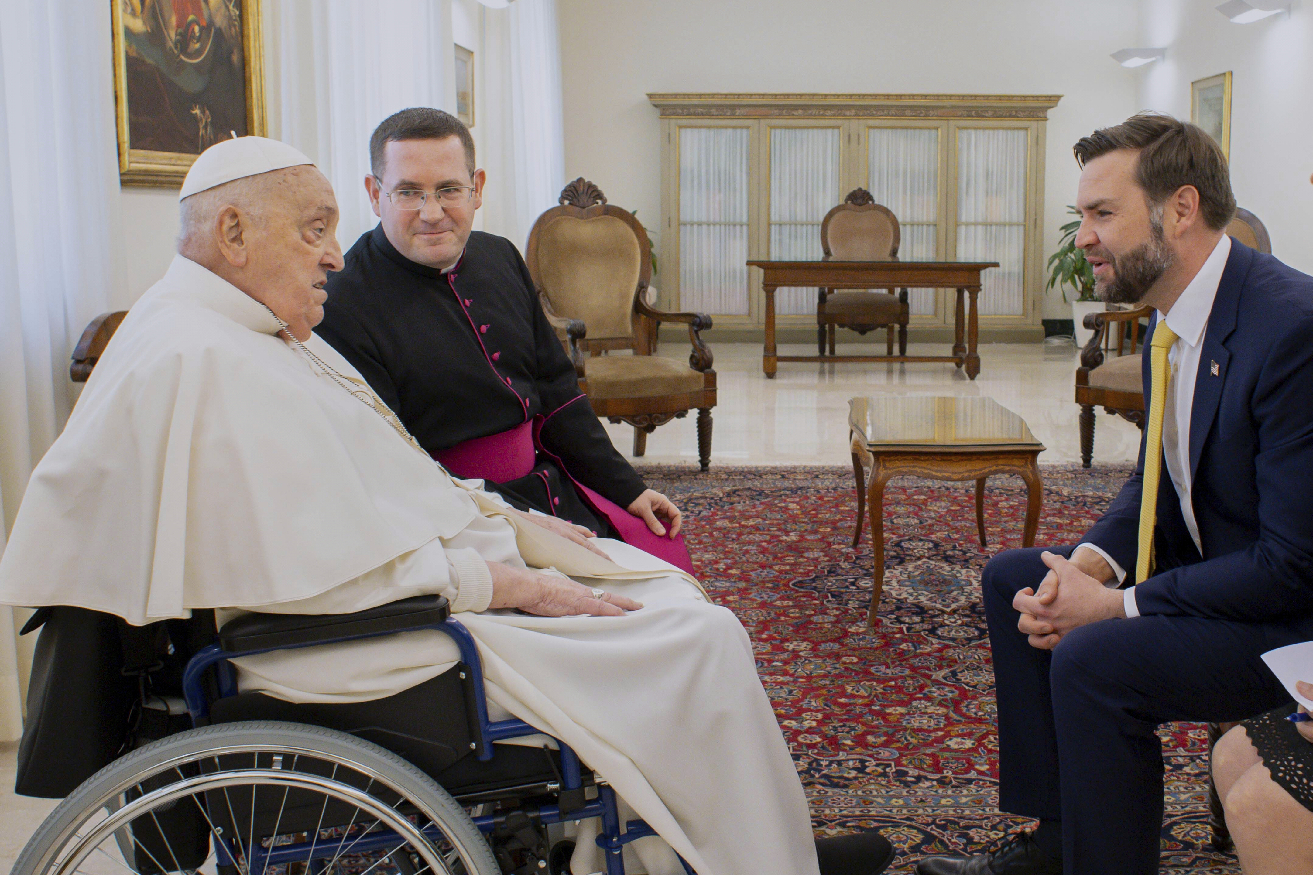 Pope Francis receives U.S. Vice President JD Vance, right, before bestowing the Urbi et Orbi (Latin for to the city and the world) blessing in St. Peter's Square at the Vatican, April 20, 2025. (Vatican Media)